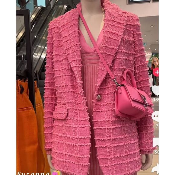 H&M Tweed Jacket Womens Small Pink Textured Weave Boucle Blazer Parisian Barbie - Picture 12 of 13